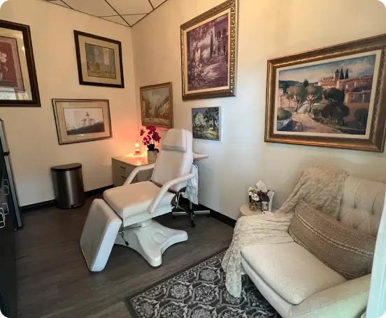 The Hydrate GA clinical suite in Athens, Georgia, designed as a "Soft-Healing" sanctuary with plush seating and tranquil ambiance for IV nutritional therapy and regenerative treatments.